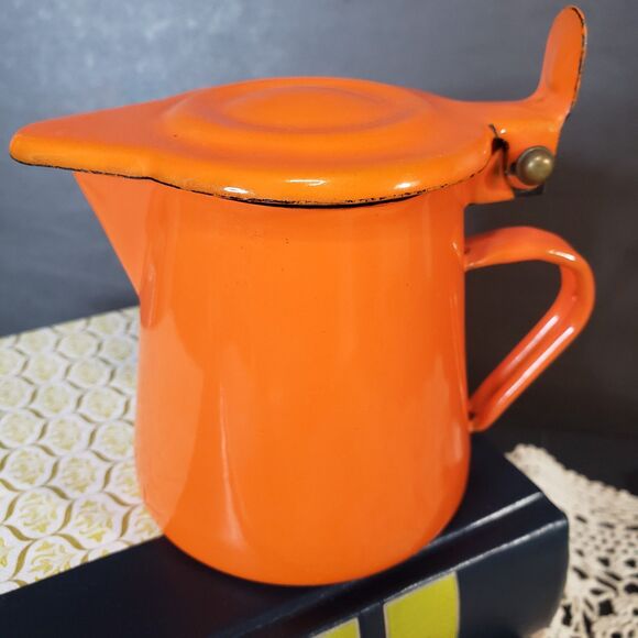 Vintage Italian Enamelware Western Bassano Orange Coffee Pot 3" Small Kettle - Picture 7 of 8